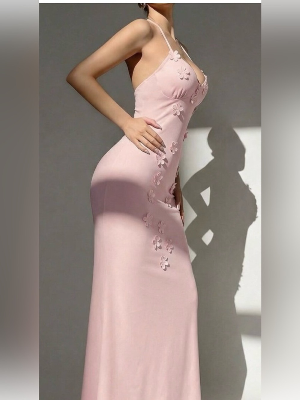 Baby Pink Y2K Mermaid Maxi Slip Dress Women's Sexy Micro Cup 3D Floral Dress